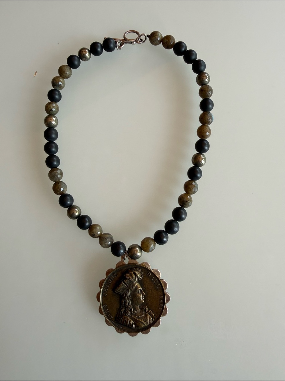Matte Black and Brown Beaded Necklace with Coin Pendant